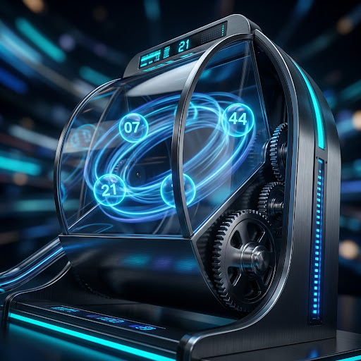 Futuristic lottery terminal interface with digital prize charts