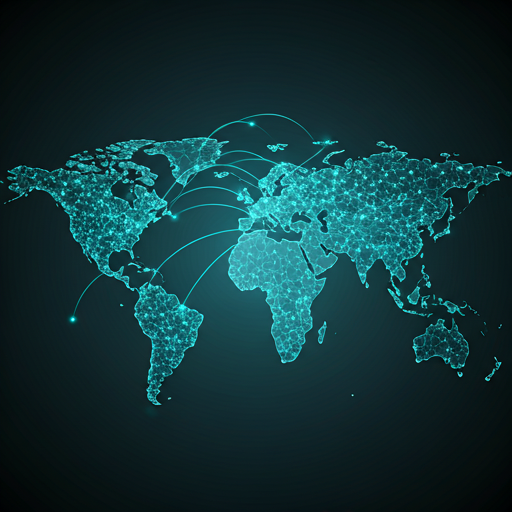 Stylized world map with glowing cyan connection lines